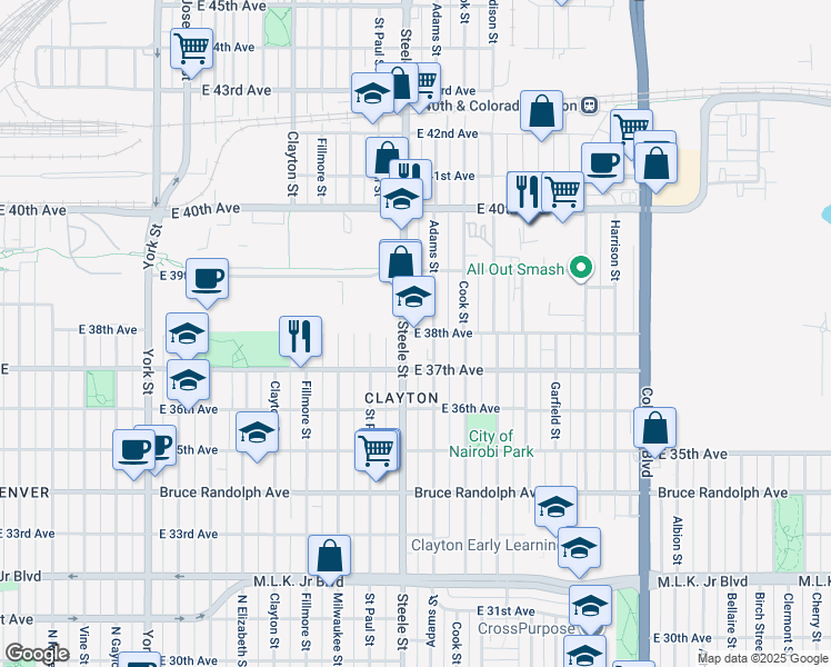 map of restaurants, bars, coffee shops, grocery stores, and more near 3230 East 38th Avenue in Denver