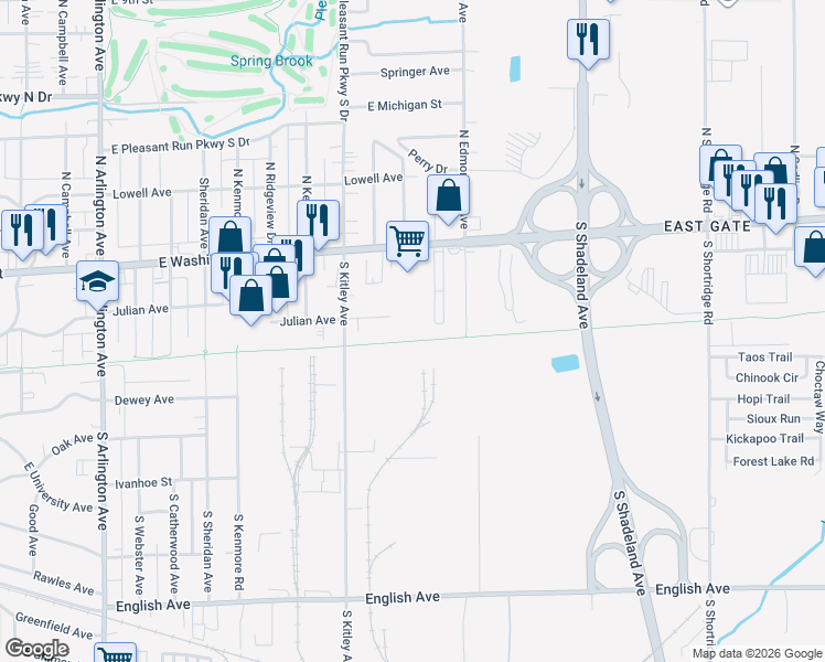 map of restaurants, bars, coffee shops, grocery stores, and more near 6705 Julian Avenue in Indianapolis