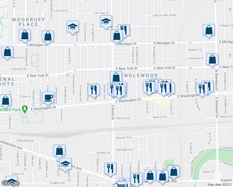 map of restaurants, bars, coffee shops, grocery stores, and more near 23 North Rural Street in Indianapolis