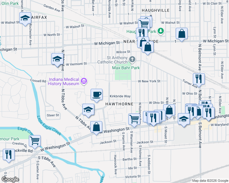 map of restaurants, bars, coffee shops, grocery stores, and more near 2950 Kirkbride Way in Indianapolis
