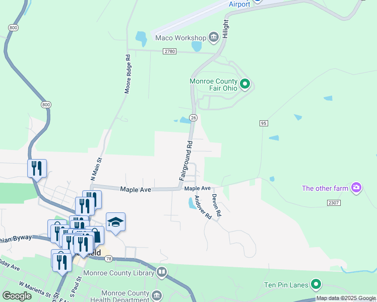 map of restaurants, bars, coffee shops, grocery stores, and more near 321 Fairground Road in Woodsfield