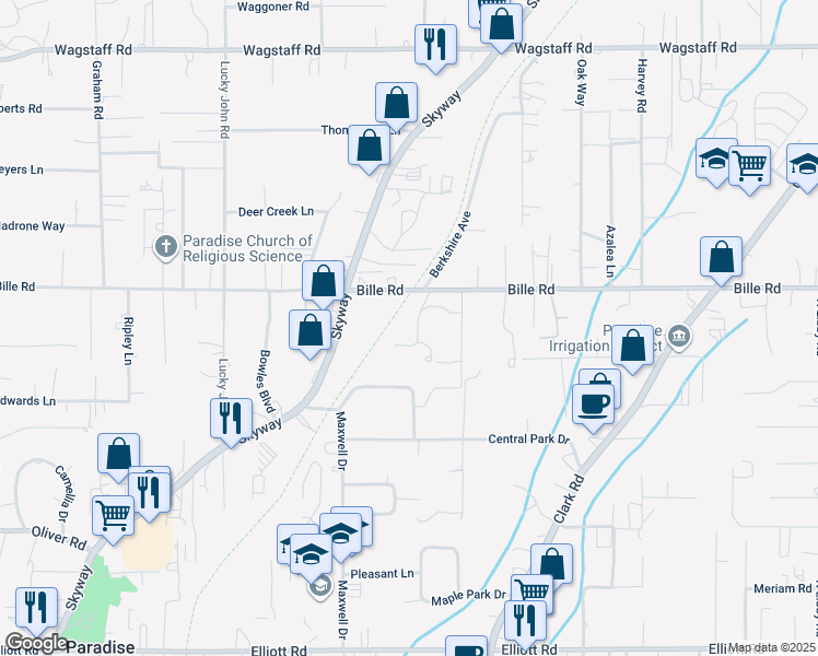 map of restaurants, bars, coffee shops, grocery stores, and more near 6159 Berkshire Way in Paradise