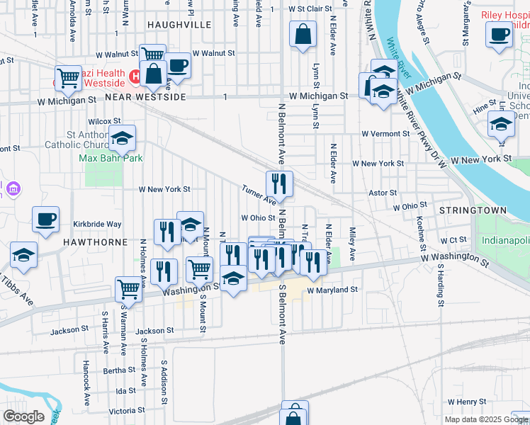 map of restaurants, bars, coffee shops, grocery stores, and more near 232 North Belmont Avenue in Indianapolis