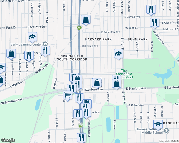 map of restaurants, bars, coffee shops, grocery stores, and more near 2523-2599 S 8th St in Springfield