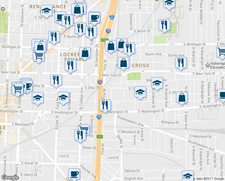 map of restaurants, bars, coffee shops, grocery stores, and more near 141 Herman Street in Indianapolis