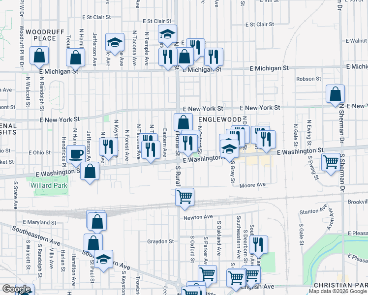 map of restaurants, bars, coffee shops, grocery stores, and more near 23 North Rural Street in Indianapolis