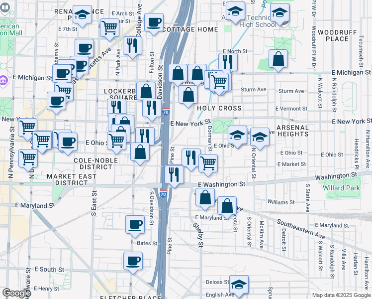 map of restaurants, bars, coffee shops, grocery stores, and more near 141 Herman Street in Indianapolis