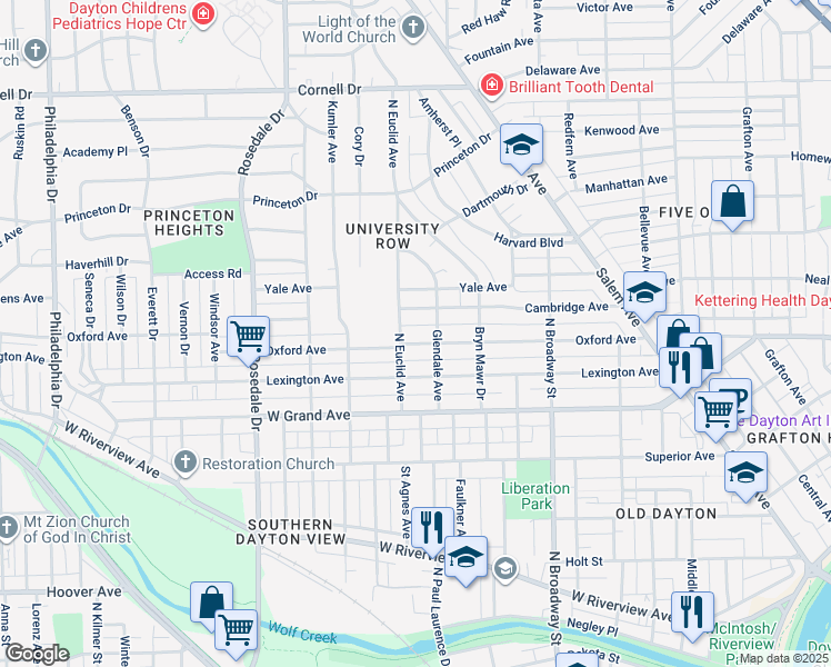 map of restaurants, bars, coffee shops, grocery stores, and more near 321 Oxford Avenue in Dayton