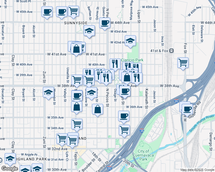 map of restaurants, bars, coffee shops, grocery stores, and more near Pecos Street & West 38th Avenue in Denver