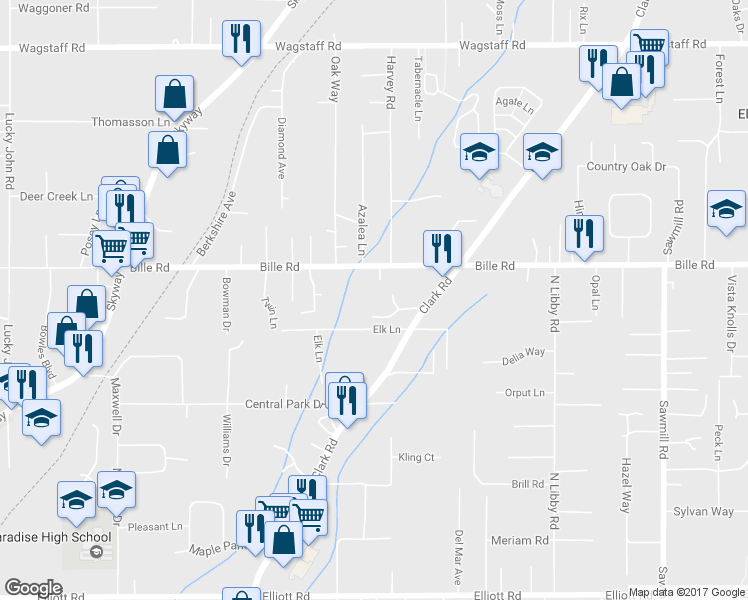 map of restaurants, bars, coffee shops, grocery stores, and more near 6158 Burke Lane in Paradise