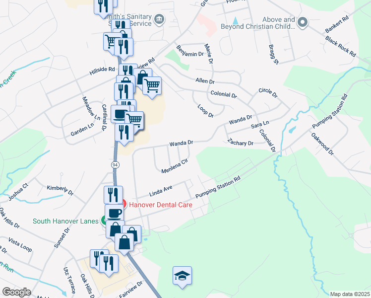 map of restaurants, bars, coffee shops, grocery stores, and more near 78 Menlena Circle in Hanover