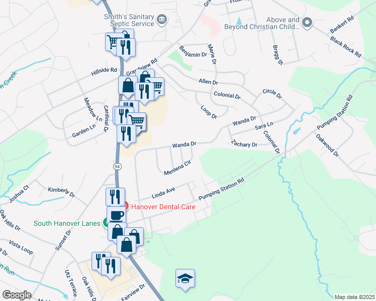 map of restaurants, bars, coffee shops, grocery stores, and more near 78 Menlena Circle in Hanover