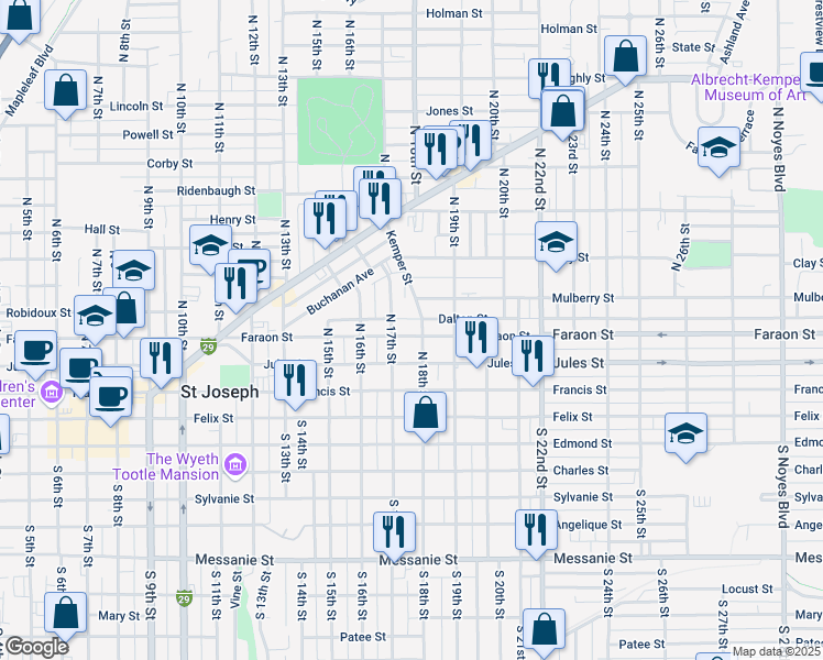 map of restaurants, bars, coffee shops, grocery stores, and more near 1715 Faraon Street in Saint Joseph