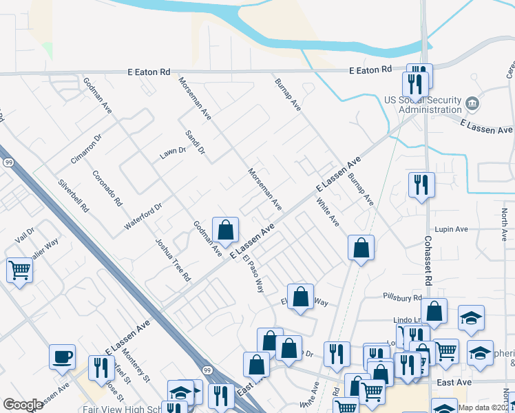 map of restaurants, bars, coffee shops, grocery stores, and more near 2875 Morseman Avenue in Chico