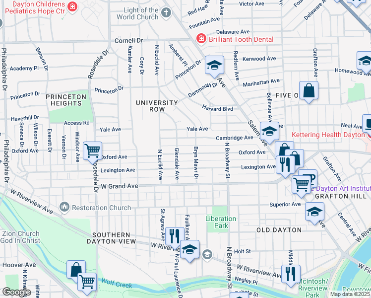 map of restaurants, bars, coffee shops, grocery stores, and more near 223 Oxford Avenue in Dayton