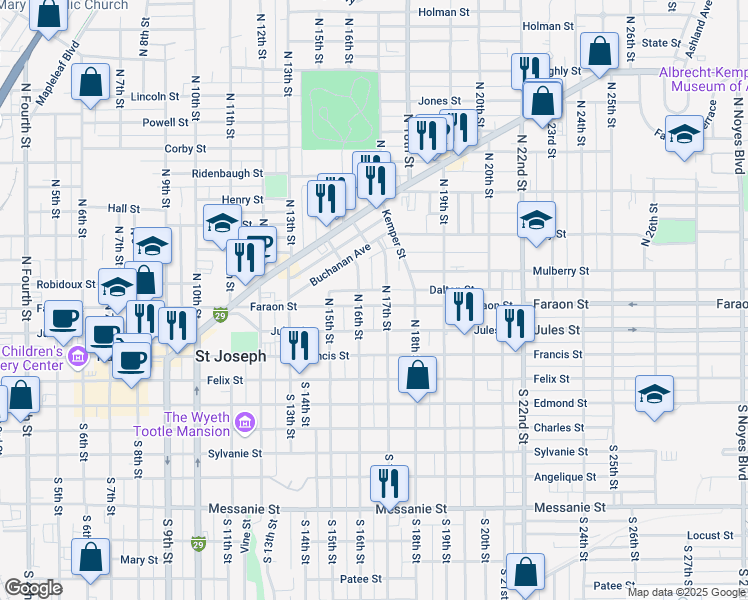 map of restaurants, bars, coffee shops, grocery stores, and more near 1611 Faraon Street in Saint Joseph