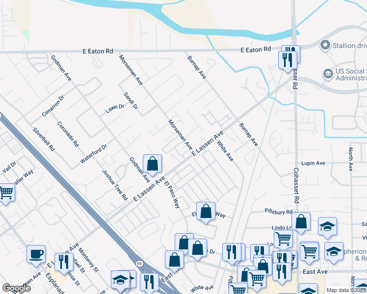 map of restaurants, bars, coffee shops, grocery stores, and more near 2875 Morseman Avenue in Chico