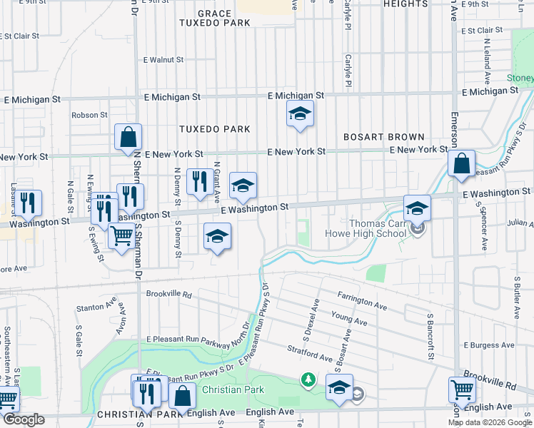 map of restaurants, bars, coffee shops, grocery stores, and more near 4317 East Washington Street in Indianapolis