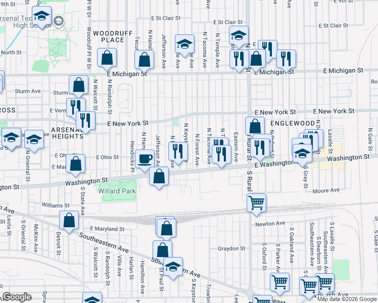 map of restaurants, bars, coffee shops, grocery stores, and more near 52 North Forest Avenue in Indianapolis