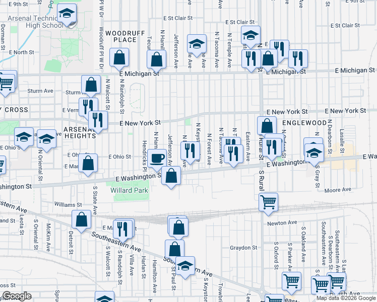 map of restaurants, bars, coffee shops, grocery stores, and more near 49 North Beville Avenue in Indianapolis