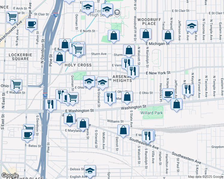 map of restaurants, bars, coffee shops, grocery stores, and more near 215 North Arsenal Avenue in Indianapolis