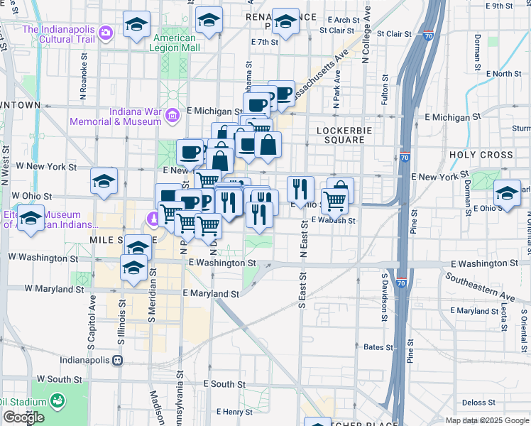 map of restaurants, bars, coffee shops, grocery stores, and more near 355 East Ohio Street in Indianapolis