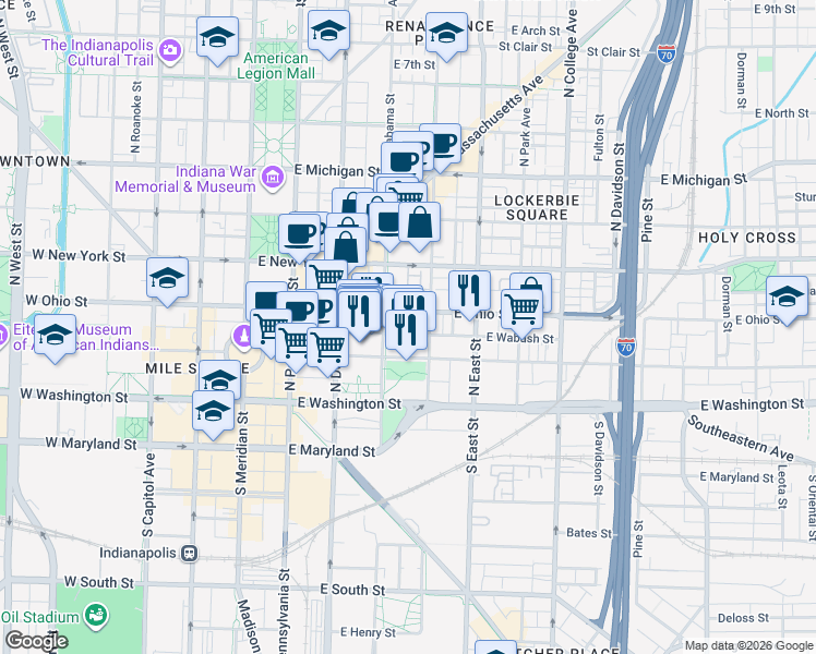map of restaurants, bars, coffee shops, grocery stores, and more near 355 East Ohio Street in Indianapolis