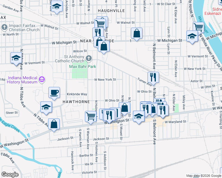 map of restaurants, bars, coffee shops, grocery stores, and more near 258 North Belleview Place in Indianapolis
