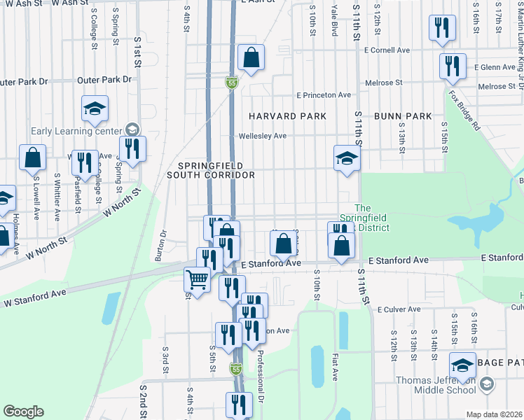 map of restaurants, bars, coffee shops, grocery stores, and more near 2523-2599 S 8th St in Springfield