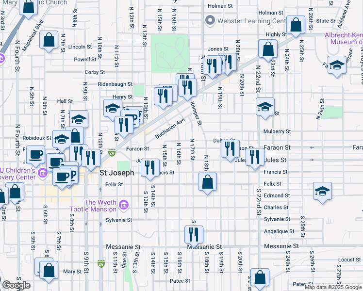 map of restaurants, bars, coffee shops, grocery stores, and more near 1611 Faraon Street in Saint Joseph