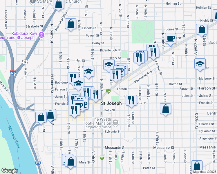 map of restaurants, bars, coffee shops, grocery stores, and more near in Saint Joseph
