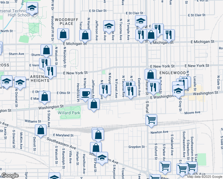 map of restaurants, bars, coffee shops, grocery stores, and more near 52 North Forest Avenue in Indianapolis