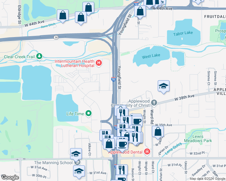 map of restaurants, bars, coffee shops, grocery stores, and more near West 40th Avenue in Golden