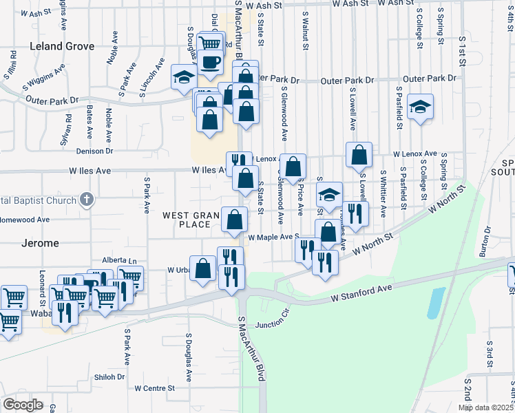 map of restaurants, bars, coffee shops, grocery stores, and more near 2731 South State Street in Springfield