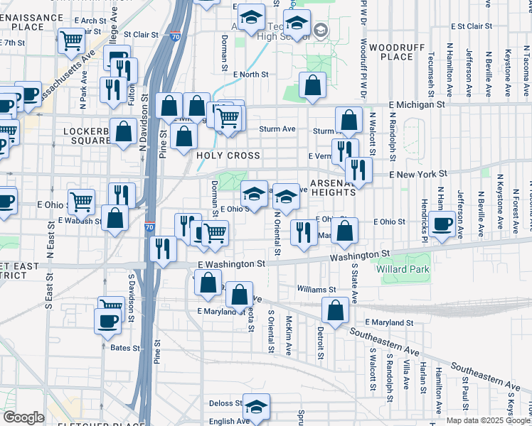 map of restaurants, bars, coffee shops, grocery stores, and more near 1321 East Ohio Street in Indianapolis