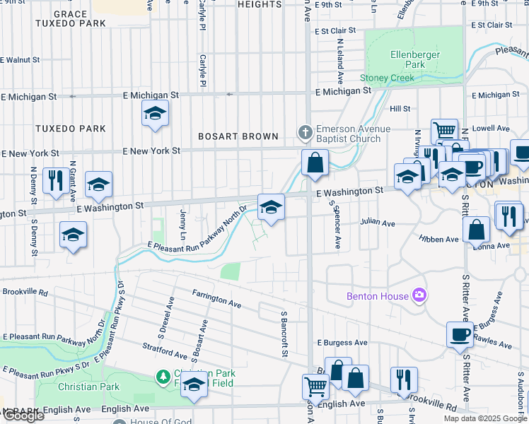 map of restaurants, bars, coffee shops, grocery stores, and more near 4908 Julian Avenue in Indianapolis