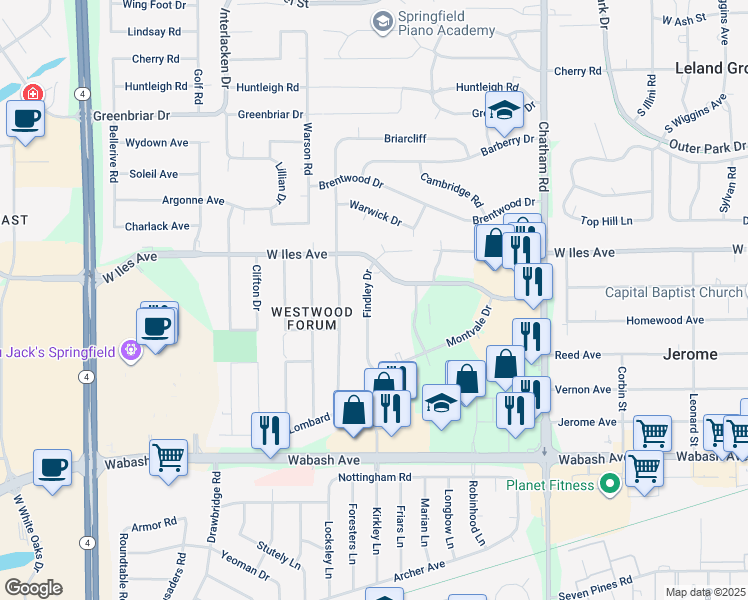 map of restaurants, bars, coffee shops, grocery stores, and more near 2614 Findley Drive in Springfield