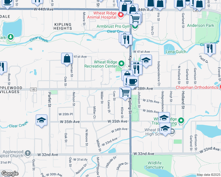 map of restaurants, bars, coffee shops, grocery stores, and more near 10241 West 38th Avenue in Wheat Ridge