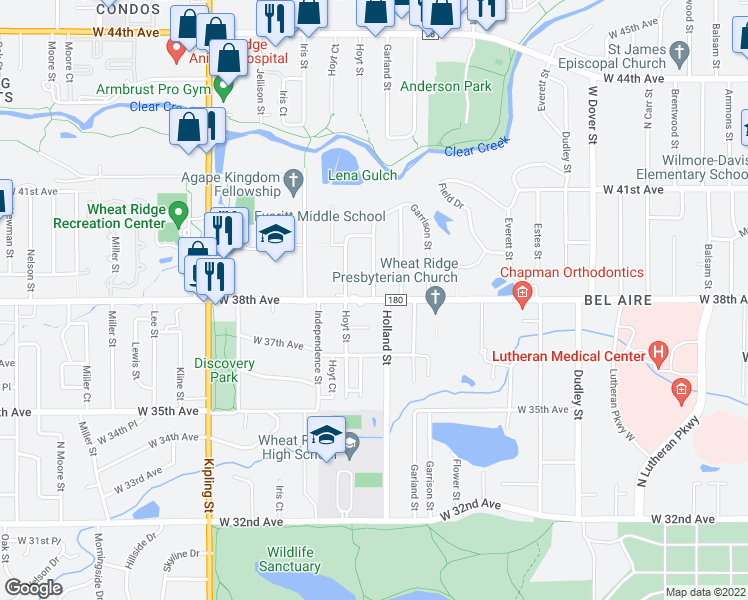 map of restaurants, bars, coffee shops, grocery stores, and more near West 38th Avenue in Wheat Ridge