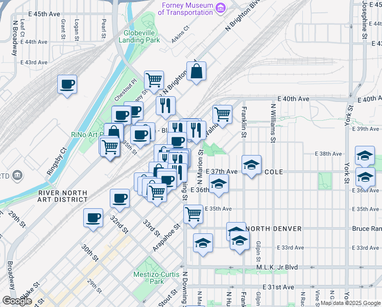 map of restaurants, bars, coffee shops, grocery stores, and more near 3702 Walnut Street in Denver
