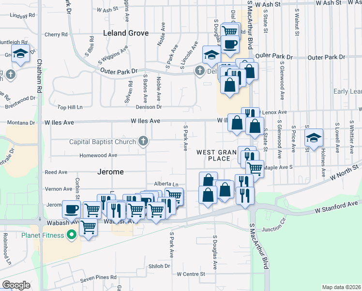 map of restaurants, bars, coffee shops, grocery stores, and more near 2709 South Park Avenue in Jerome