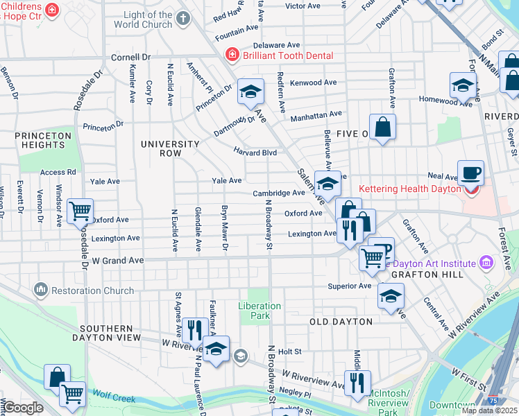 map of restaurants, bars, coffee shops, grocery stores, and more near 109 Oxford Avenue in Dayton