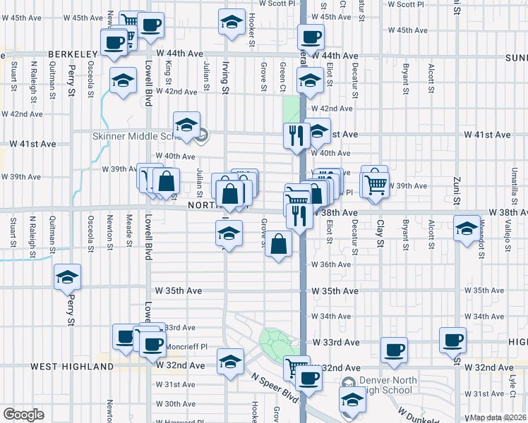 map of restaurants, bars, coffee shops, grocery stores, and more near W 38th Ave & Grove St in Denver