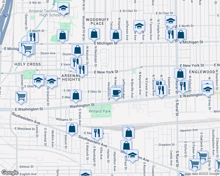 map of restaurants, bars, coffee shops, grocery stores, and more near 217 Hendricks Place in Indianapolis
