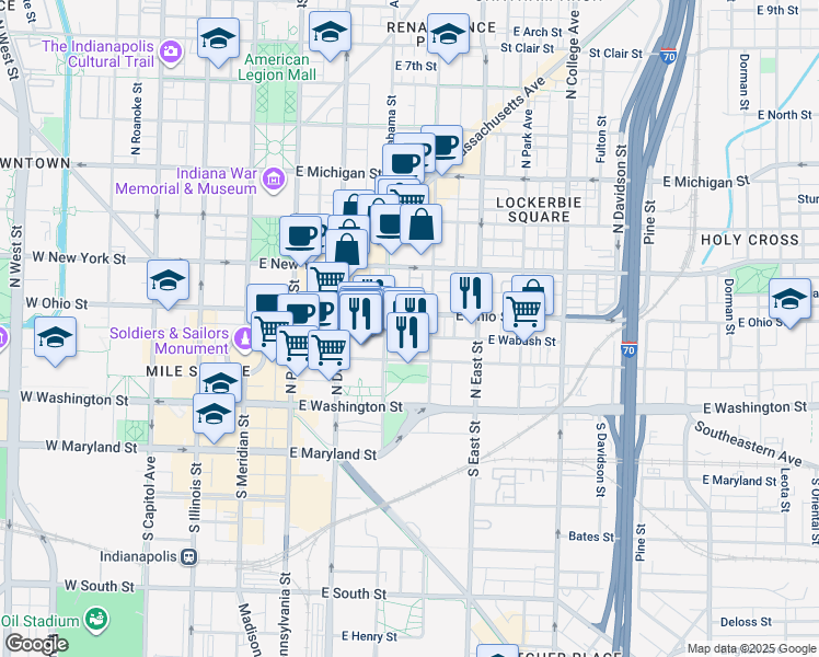 map of restaurants, bars, coffee shops, grocery stores, and more near 355 East Ohio Street in Indianapolis