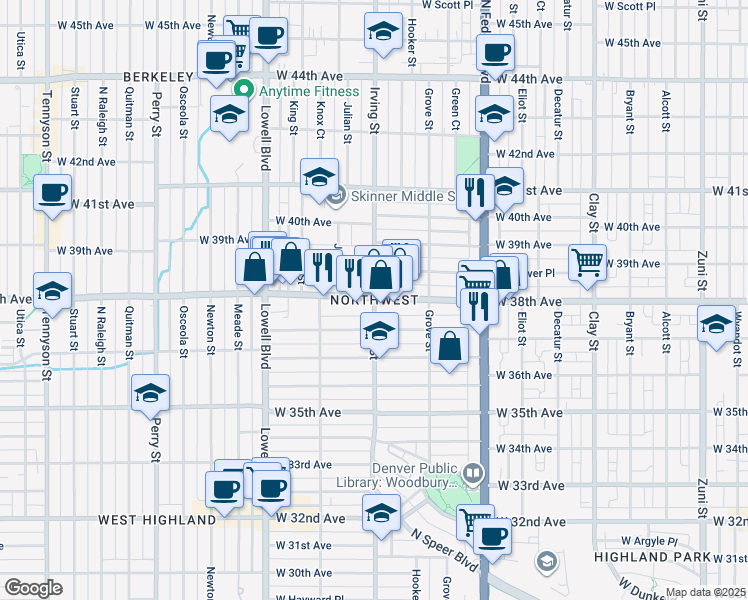map of restaurants, bars, coffee shops, grocery stores, and more near in Denver