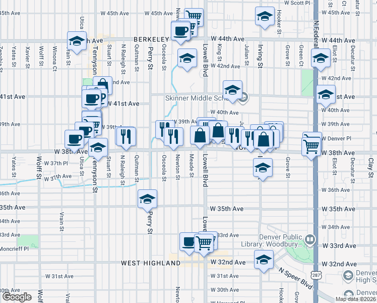 map of restaurants, bars, coffee shops, grocery stores, and more near 3795 Meade Street in Denver