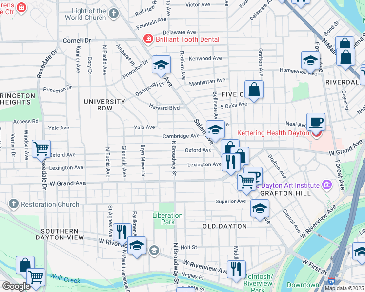 map of restaurants, bars, coffee shops, grocery stores, and more near 67 Oxford Avenue in Dayton