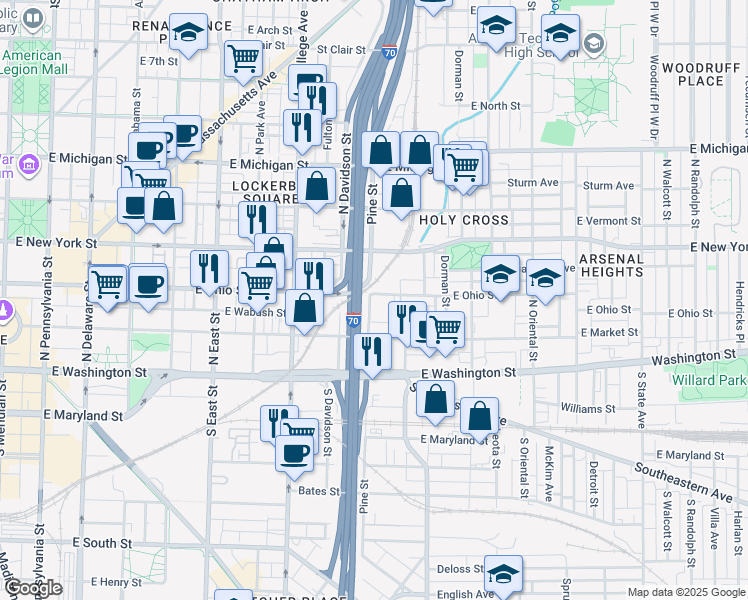 map of restaurants, bars, coffee shops, grocery stores, and more near 903 East Ohio Street in Indianapolis