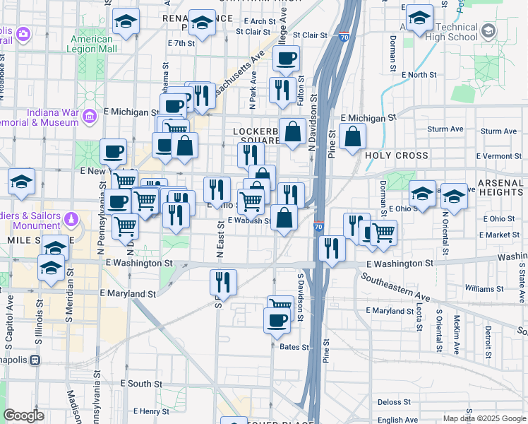 map of restaurants, bars, coffee shops, grocery stores, and more near 621e East Ohio Street in Indianapolis